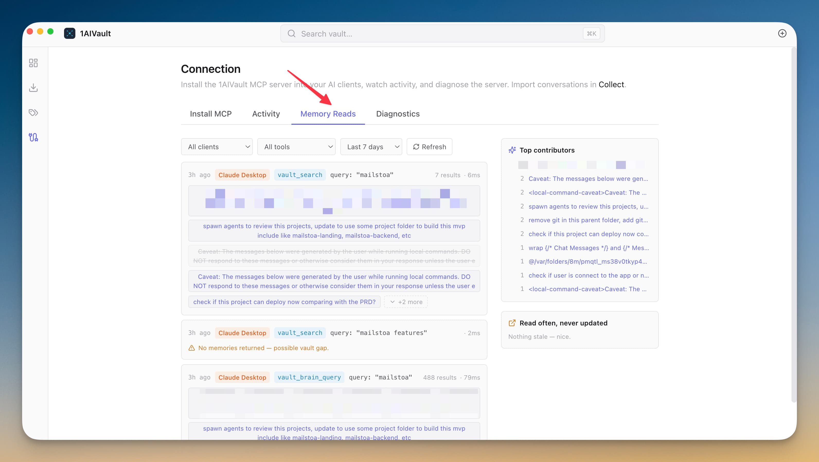 Memory Reads tab showing recent vault_search and vault_brain_query calls with queries, results, and a top-contributors panel.