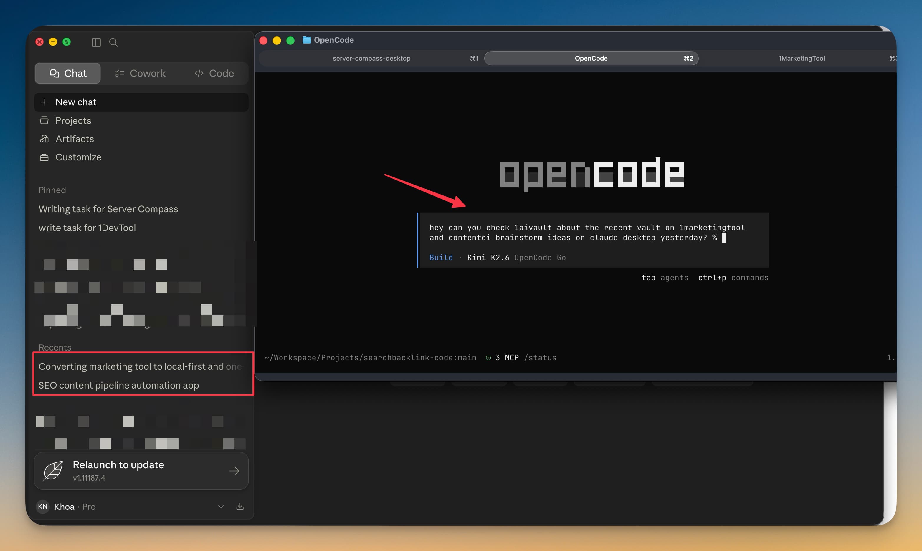 OpenCode asking 1AIVault for recent app brainstorm ideas from Claude Desktop.