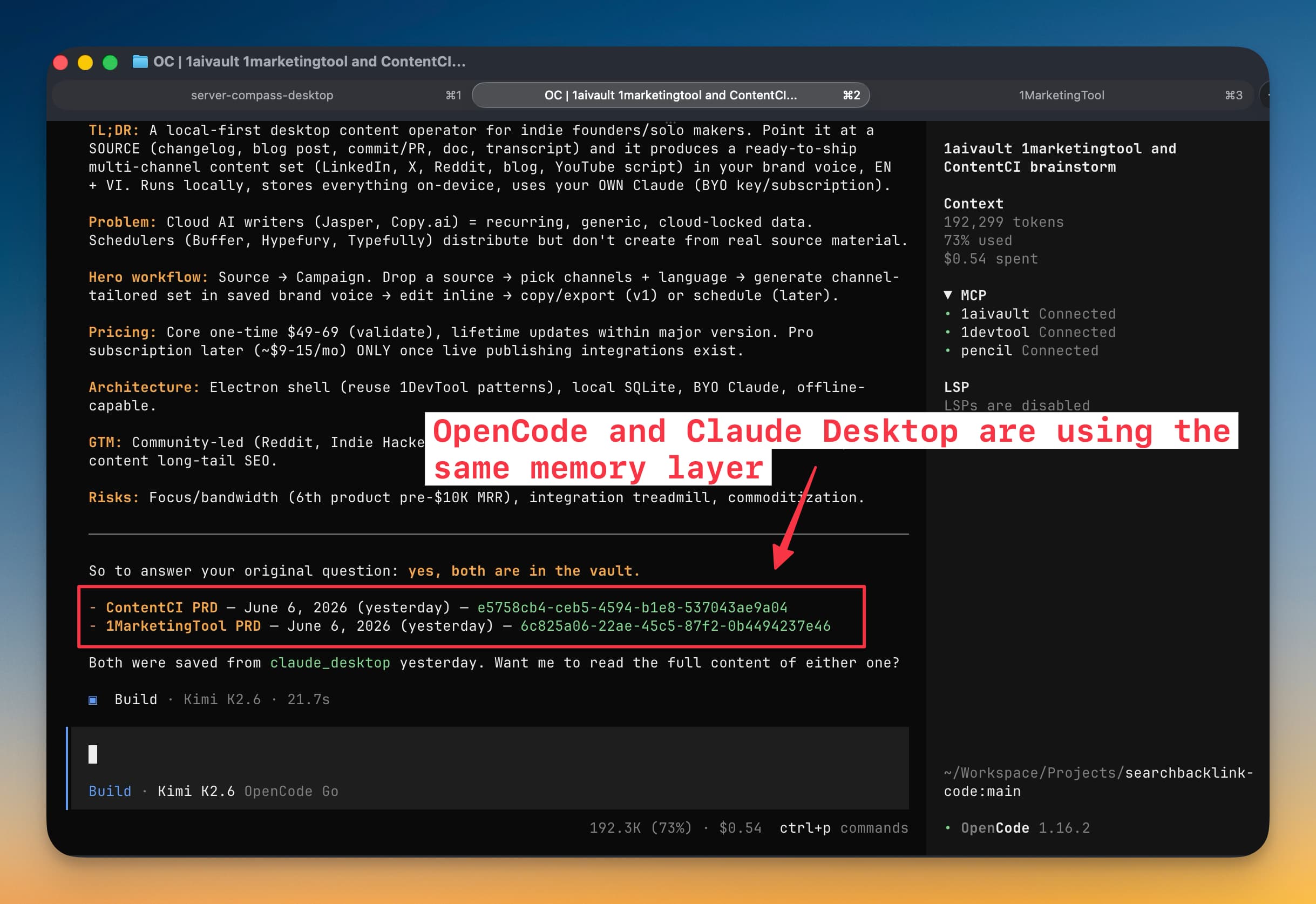 OpenCode showing two saved PRD memories found through the shared 1AIVault memory layer.