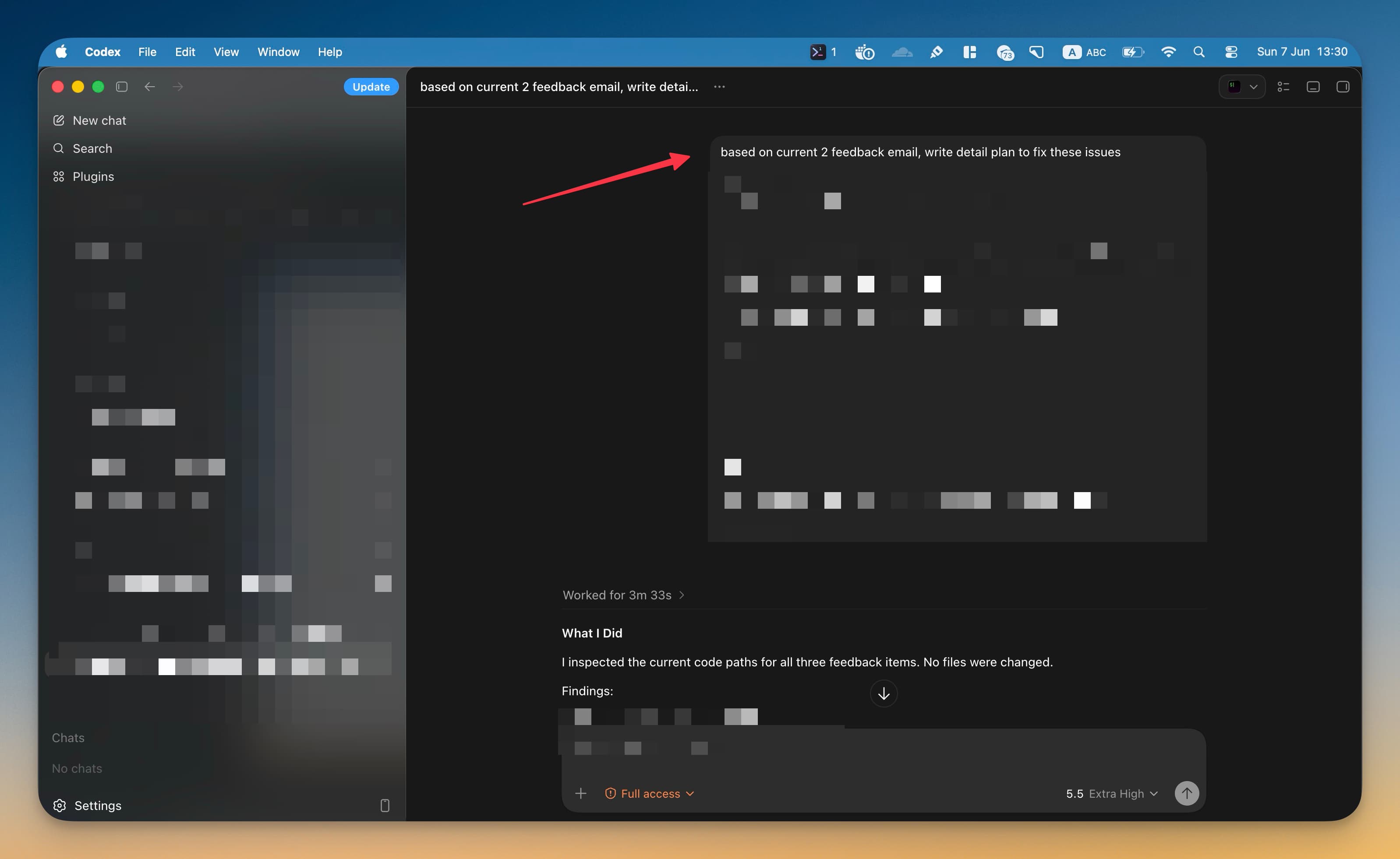 Codex working from user feedback emails to plan a bug fix.