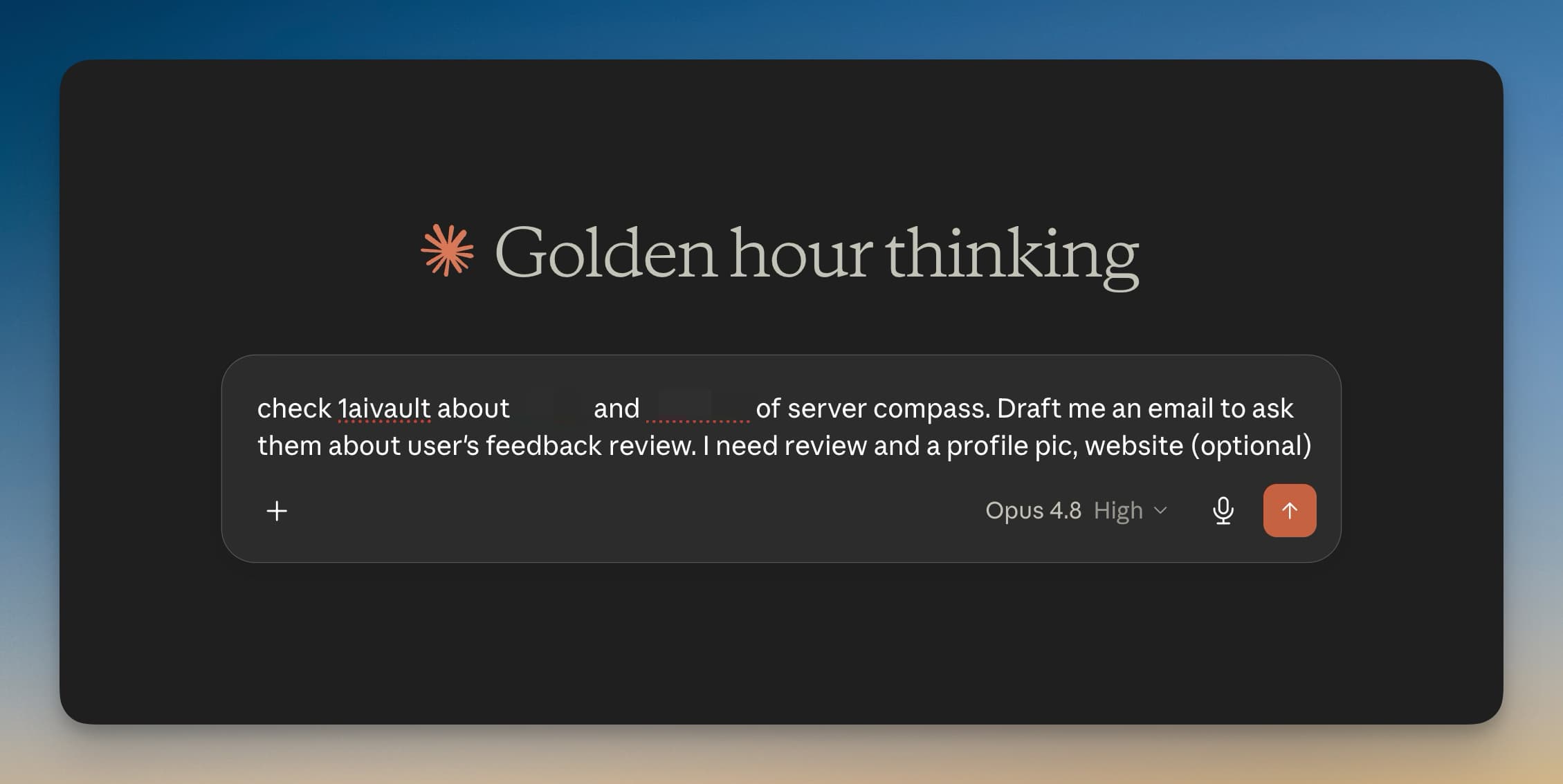 Claude Desktop prompt asking 1AIVault for user feedback context before drafting a review request.
