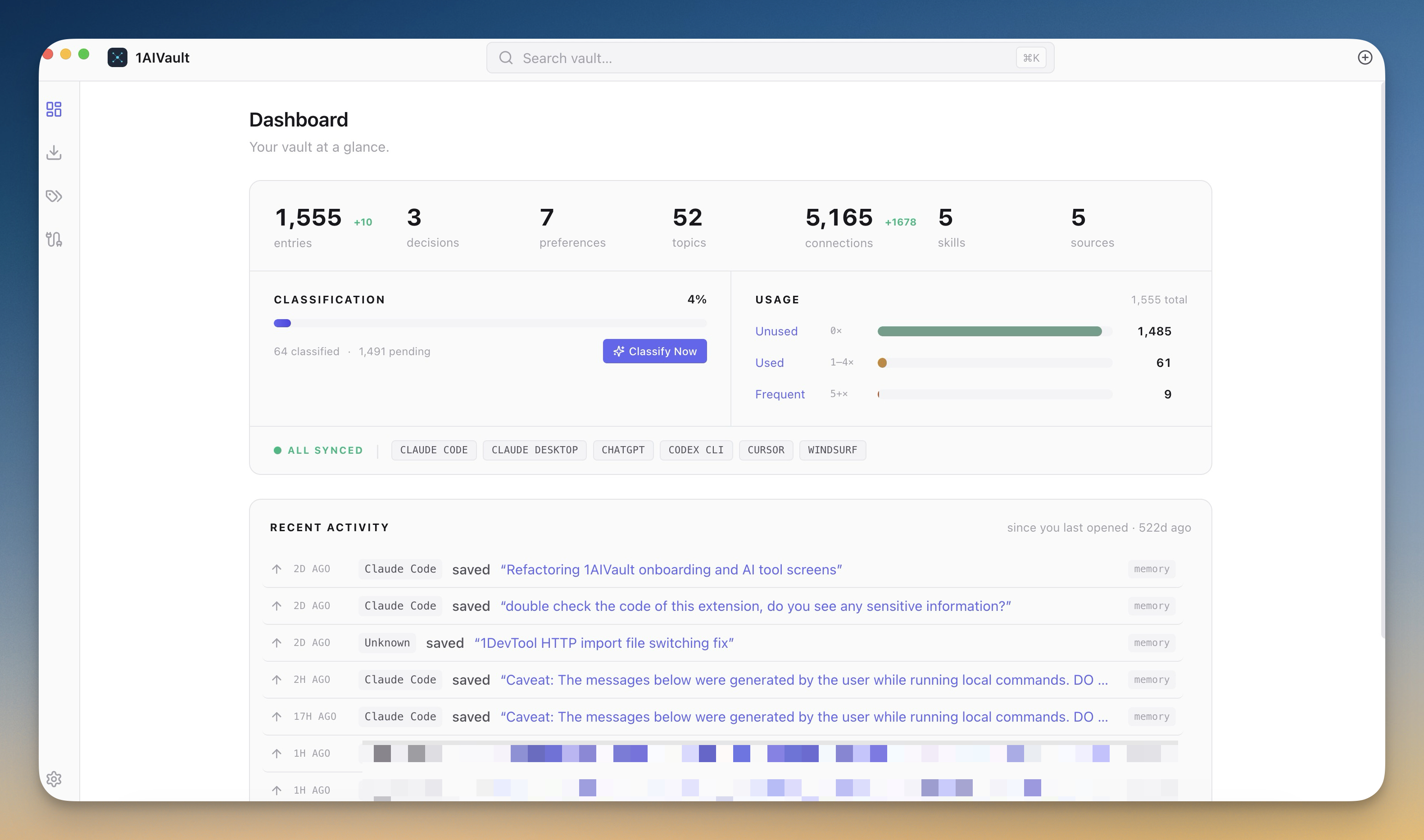 Vault dashboard showing recent memories, an activity feed of AI tool reads and writes, and a connections summary across Claude Desktop, Claude Code, Cursor, Cline, and Codex