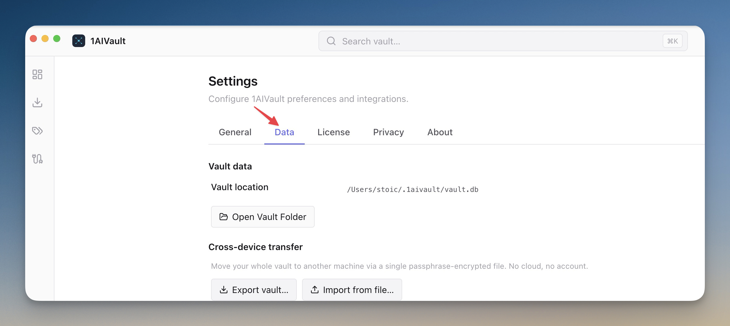 Vault export dialog showing the selective sections checklist with memories, skills, topics, and activity, a passphrase field for encryption, and an export size summary